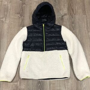 Gap Women’s XS Sherpa Puffer Quarter Zip Hoodie – Navy & White